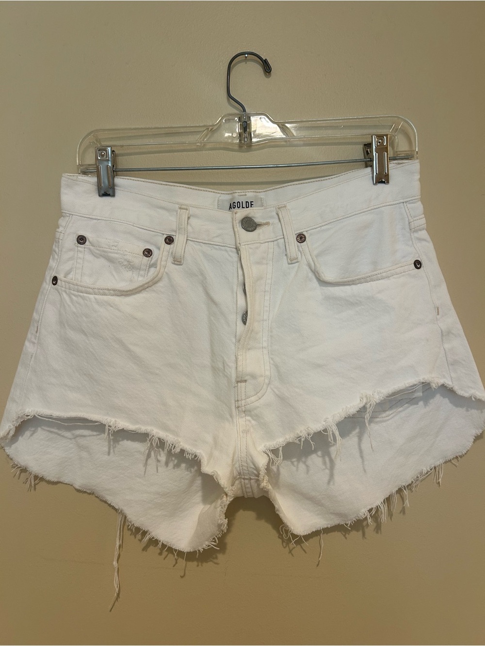 AGOLDE White Parker Long High-Rise Denim Cutoff Shorts 100% Cotton Size 25